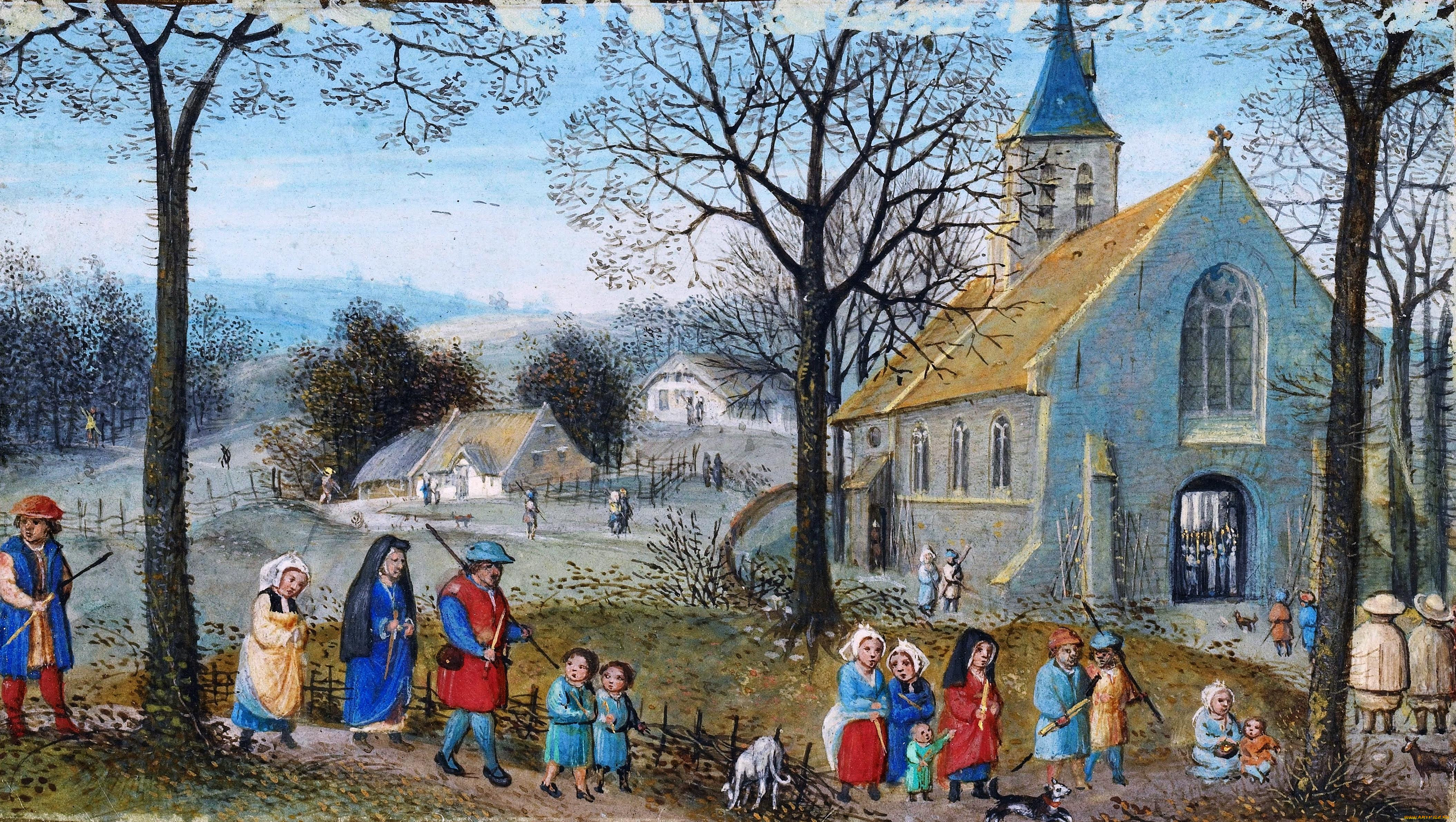 villagers on their way to church - simon bening, , , , , , 